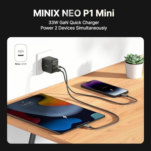 MINIX NEO P1 Mini 33W PPS 2-Port GaN Charger 1 USB-C Port Fast Charger, 1 USB-A Port Quick Charger 3.0. Compatible with iPhone 8-15 Series, Galaxy S10-S21, Pad and More. - Image 3