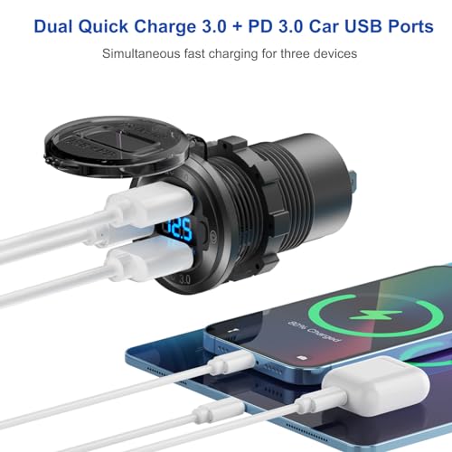 12V USB Outlet Boat Accessories Marine Switch Panel Plug, PD3.0 and Dual QC3.0 USB Ports Aluminum Car Charger with Voltmeter, Lighted 150W Cigarette Lighter Socket and Toggle Switch 3 in 1 DIY Kit - Image 2