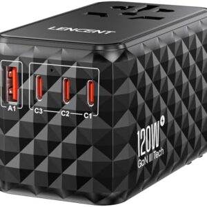 LENCENT 120W International Travel Adapter, GaN Universal Travel Adapter with 1 USB-A & 3 Type C Power Adapter, Fast Charger for Phone,Laptops, Worldwide Plug Adapter for USA/UK/EU/AUS, Black