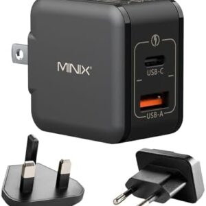 MINIX NEO P1 Mini 33W PPS 2-Port GaN Charger 1 USB-C Port Fast Charger, 1 USB-A Port Quick Charger 3.0. Compatible with iPhone 8-15 Series, Galaxy S10-S21, Pad and More.