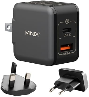 MINIX NEO P1 Mini 33W PPS 2-Port GaN Charger 1 USB-C Port Fast Charger, 1 USB-A Port Quick Charger 3.0. Compatible with iPhone 8-15 Series, Galaxy S10-S21, Pad and More.