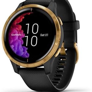 Garmin 010-02173-31 Venu, GPS Smartwatch, Bright Touchscreen Display, Features Music, Body Energy Monitoring, Animated Workouts, Pulse Ox Sensor and More, Gold with Black Band