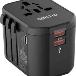EPICKA Universal Travel Adapter, International Plug Adapter with 2 USB-A & 1 USB-C Ports, Travel Power Adapter Worldwide, All-in-One Wall Charger for USA EU UK AUS (TA-103PD, Black)