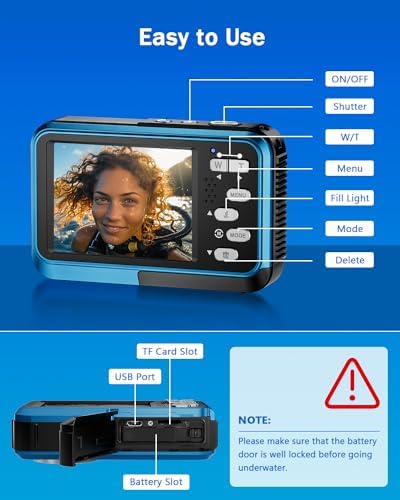 Underwater Camera, 4K Waterproof Camera with 64GB Card 48MP Autofocus Selfie Dual Screens 11FT Underwater Camera for Snorkeling Waterproof Compact Portable Digital Camera, 2 Batteries - Image 6