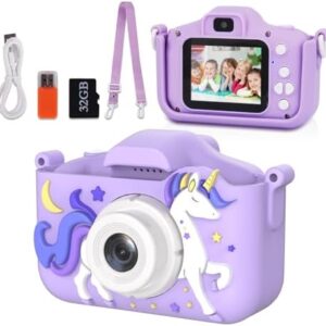 48 MP Kids Camera Girls Boys 3-12 Years Old,1080P HD Digital Video Camera for Kids with 32GB Card, Toddler Camera with Cartoon Silicone Cover, Christmas Birthday Gifts for Kids -Purple