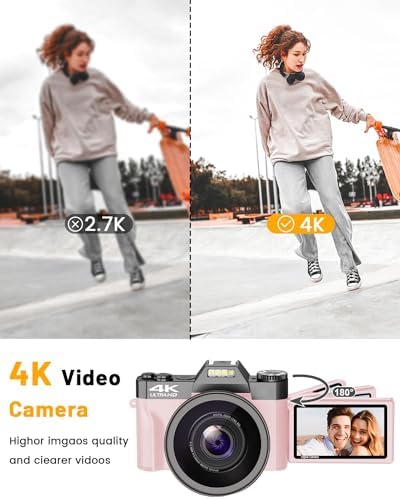 VJIANGER 4K Vlogging Camera for YouTube 48MP Digital Camera for Photography and Video with Flip Screen, Manualfocus, 16X Digital Zoom, 52mm Wide Angle & MacroLens, 32GB TF Card, 2 Batteries(Pink) - Image 3