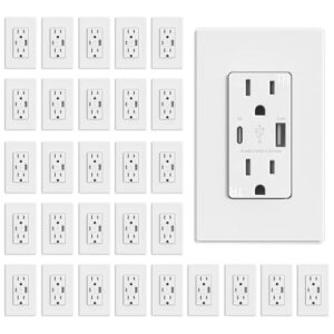 ELEGRP USB Charger Wall Outlet, USB Receptacle with USB A & USB C Ports, 15 Amp Duplex Tamper Resistant Receptacle Plug NEMA 5-15R, Wall Plate Included, UL Listed, 30 Pack, Matte White