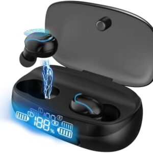 Bluetooth Earphones in-Ear, Wireless Earbuds Headsets Touch Control with Mic, Bluetooth Noise Cancelling Headphones, HiFi Stereo, IP7 Waterproof, LED Display Charging Case, for Sport and Work-D
