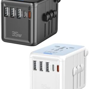 Universal Travel Adapter 35W PD Fast Charging Offers 3X2.4A USB-A Ports, 2X USB-C Ports and Multi AC Outlet, International Plug Converter Worldwide Travel Charger All in One for EU US UK AUS