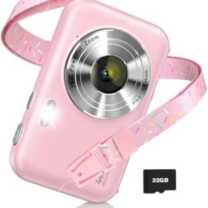 Digital Camera, FHD 1080P Kids Camera with Neck Lanyard 32GB Card Battery, Anti-Shake 16X Digital Zoom, 44MP Point Shoot Cameras, Compact Portable Small Gift Camera for Kid Teen Student Girl Boy(Pink)