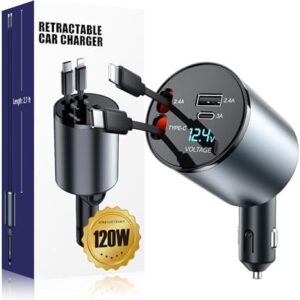 Retractable Car Charger 120W, 4 in 1 Super Fast Charge Car Phone Charger, Retractable Cables and 2 USB Ports, Car Charger Adapter for iPhone 15/14/13/12 Pro Max XR, iPad, Samsung