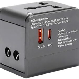 Universal Power Adapter, International Plug Adaptor with 2 USB Ports PD 18W Fast Charging (1 USB 1 Type-C) All in One Worldwide International Wall Charger AC Plug Adaptor,for USA EU UK AUS