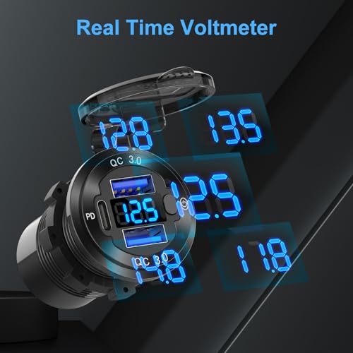 12V USB Outlet Boat Accessories Marine Switch Panel Plug, PD3.0 and Dual QC3.0 USB Ports Aluminum Car Charger with Voltmeter, Lighted 150W Cigarette Lighter Socket and Toggle Switch 3 in 1 DIY Kit - Image 3