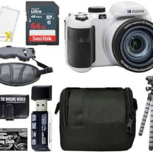 Kodak PIXPRO AZ425 20MP Digital Camera 42X Optical Zoom 24mm Wide Angle Lens 1080P Full HD Video Optical Image Stabilization 3" LCD Vlogging Camera (White) + 64GB Card + Case + Tripod + Bundle