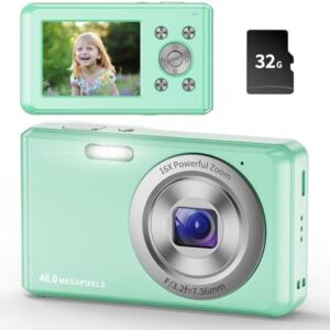 Digital Camera, HD 1080P Compact Camera with 32GB Memory Card, 48 Megapixel Camera, 2.4-inch LCD 16x Digital Zoom Digital Camera for Kids, Girls, Teens, Boys and Beginners（Green
