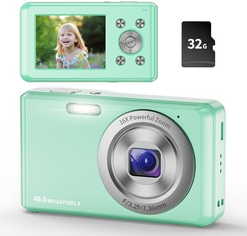 Digital Camera, HD 1080P Compact Camera with 32GB Memory Card, 48 Megapixel Camera, 2.4-inch LCD 16x Digital Zoom Digital Camera for Kids, Girls, Teens, Boys and Beginners(Green