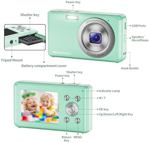 Digital Camera, HD 1080P Compact Camera with 32GB Memory Card, 48 Megapixel Camera, 2.4-inch LCD 16x Digital Zoom Digital Camera for Kids, Girls, Teens, Boys and Beginners(Green - Image 2