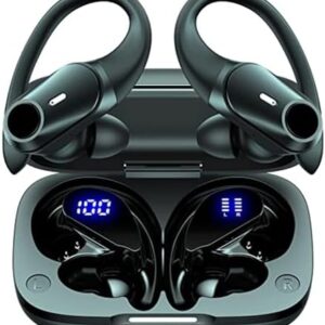 T59 Bluetooth Headphones Wireless Earbuds 72hrs Playtime Wireless Charging Case Digital Display Sports Ear Buds with Earhook Premium Deep Bass IPX7 Waterproof in-Ear Earphones Black