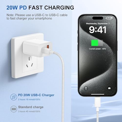 for iPhone 15 USB C Fast Charger,20W Dual Port USB Fast Cell Phone Wall Charger, USBC Charger Block Brick for iPhone 15/15 Pro/15 Pro Max/iPad Pro/AirPods&More(6 ft/10ft USBC Cable Included) - Image 5