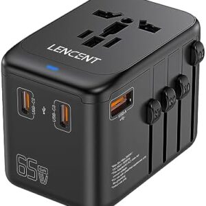 LENCENT International Travel Adapter, GaN III 65W Universal Travel Charger with 1 USB-A & 3 USB-C PD Fast Charging, All in One Outlet Adapter for iPhone,Samsung,Laptops, Type A/C/G/I (USA/UK/EU/AUS)