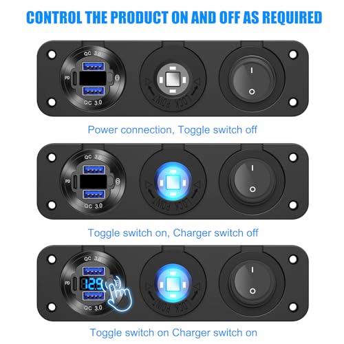 12V USB Outlet Boat Accessories Marine Switch Panel Plug, PD3.0 and Dual QC3.0 USB Ports Aluminum Car Charger with Voltmeter, Lighted 150W Cigarette Lighter Socket and Toggle Switch 3 in 1 DIY Kit - Image 6