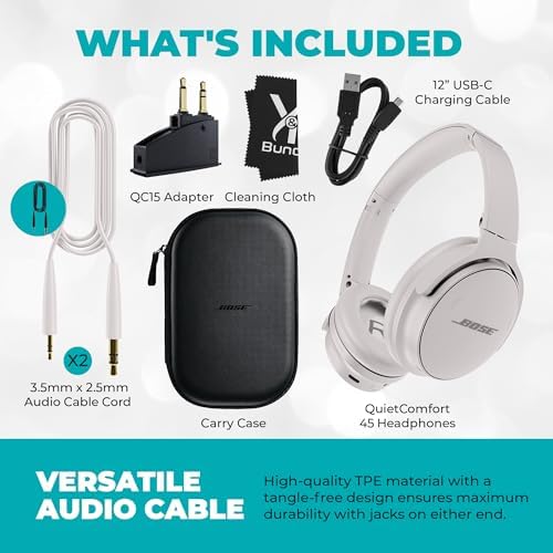 Bose QuietComfort 45 Bluetooth Wireless Noise Cancelling Headphones Bundle with Adapters and Cables - Over Ear (White) - Image 2
