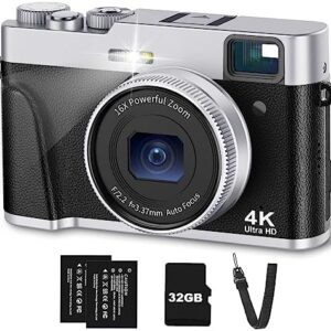4K Digital Camera with Viewfinder & Flash, Autofocus 48MP Cameras for Photography Vlogging Compact Travel Camera for Adults Teens with Classic Dial, Time Lapse, Selfie, 16X Zoom, 32GB SD Card