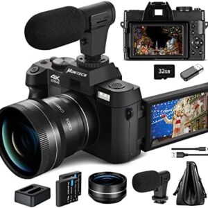 Mo Digital Cameras for Photography & 4K Video, 48 MP Vlogging Camera for YouTube with 180° Flip Screen,16X Digital Zoom,Flash & Autofocus,52mm Wide Angle & Macro Lens,2 Batteries,32GB SD Card(Black)