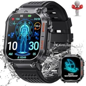 Military Smart Watch for Men 5ATM Waterproof with Call 2.02" Large Screen Rugged Outdoor Tactical Smartwatch with Compass Fitness Watch with Heart Rate Blood Pressure Monitor for iPhone Android Phone