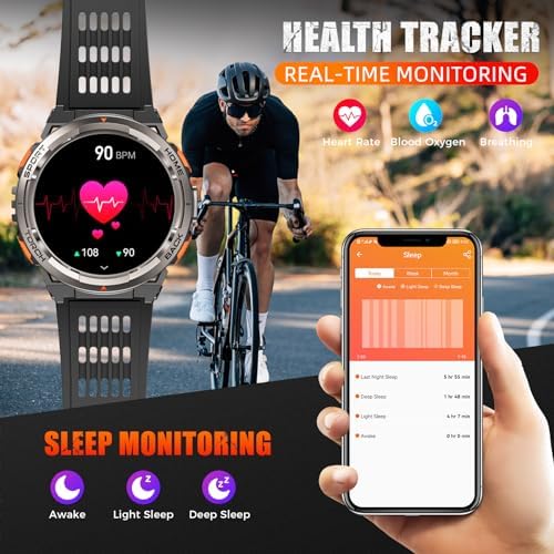 EIGIIS KE5 Military Smart Watch for Men with Flashlight SOS 3ATM Waterproof Watch 530mAh Big Battery 1.45" Rugged Tactical Smartwatch with Compass Elevation Barometer Fitness Watch for iPhone Android - Image 7