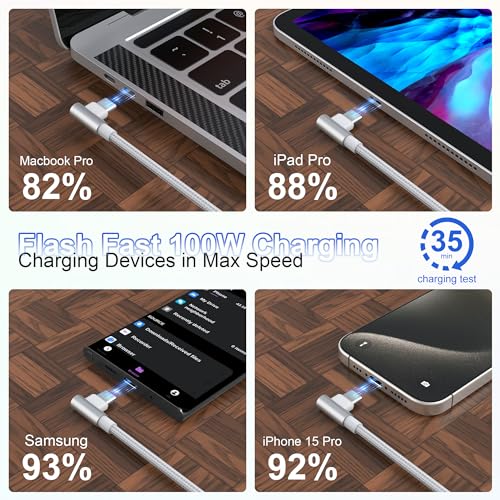 100W Multi Charging Cable for Apple Watch and iPhone 15,4 in 2 10FT USB C/A Fast Charging Cable 90 Degree Travel Charger Cord Nylon Braided Compatible with All iWatch iPhone MacBook iPad Galaxy S23 - Image 2