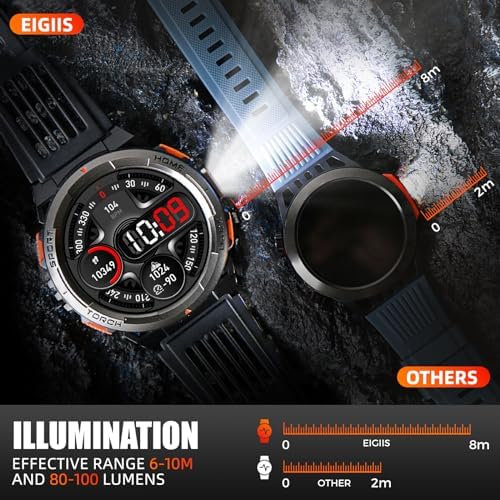 EIGIIS KE5 Military Smart Watch for Men with Flashlight SOS 3ATM Waterproof Watch 530mAh Big Battery 1.45" Rugged Tactical Smartwatch with Compass Elevation Barometer Fitness Watch for iPhone Android - Image 2