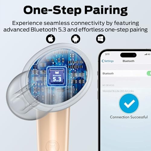 Monster N-Lite 203 AirLinks Wireless Earbuds, Bluetooth 5.3 Headphones HiFi Stereo, Wireless Earphones with 30H Playback, Type-C Charging, HD Clear Call, Touch Control, IPX6 Waterproof in-Ear Earbuds - Image 8