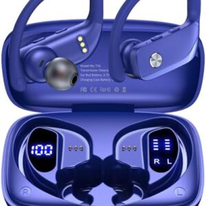 bmanl Wireless Earbuds Bluetooth Headphones 48hrs Play Back Sport Earphones with LED Display Over-Ear Buds with Earhooks Built-in Mic Headset for Workout Blue