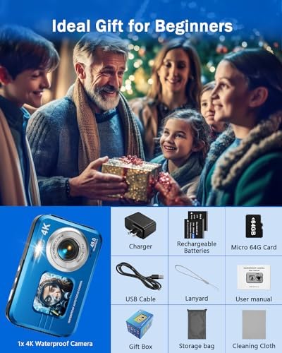 Underwater Camera, 4K Waterproof Camera with 64GB Card 48MP Autofocus Selfie Dual Screens 11FT Underwater Camera for Snorkeling Waterproof Compact Portable Digital Camera, 2 Batteries - Image 7