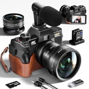 Digital Camera for Photography and Video,4K 48MP Vlogging Camera for YouTube with 180° Flip Screen,16X Digital Zoom,52mm Wide Angle,Leather Hold & Strap, 2 Batteries, 32GB TF Card（S100,Black）