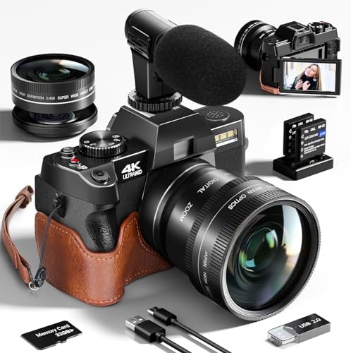 Digital Camera for Photography and Video,4K 48MP Vlogging Camera for YouTube with 180° Flip Screen,16X Digital Zoom,52mm Wide Angle,Leather Hold & Strap, 2 Batteries, 32GB TF Card(S100,Black)