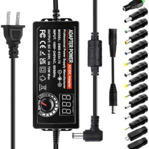 3A 72W Universal Power Supply, 3V-24V Adjustable Power Adapter 100V-240V AC to DC Universal Charger with LED Voltage Display &14 Tips, for Household Electronics, DC Motor DVD, 3000mA Max