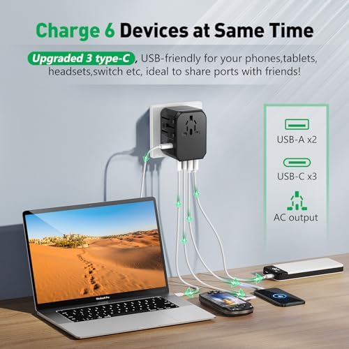 Universal Travel Adapter International Plug - European Travel Plug Adapter Worldwide US AUS EU UK Spain Germany Ireland Italy - All-in-one Travel Outlet Power Adapter with 3 USB C 2 USB A - Image 4