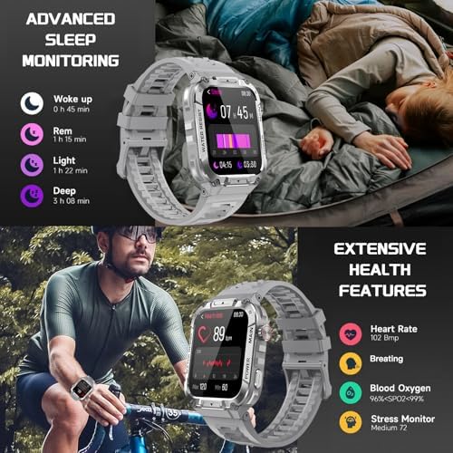 Military Smart Watch Answer/Make Calls 1.96" Fitness Tracker IP68 Waterproof Outdoor Sports Smartwatches Heart Rate/Sleep/SpO2/Stress Monitor 100+ Sports Modes Compatible with iPhone & Android Phones - Image 4