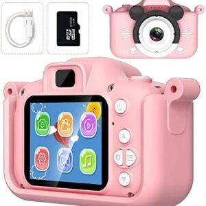 Upgrade Kids Selfie Camera, Christmas Birthday Gifts for Age 3-9, HD Digital Video Cameras for Toddler, Portable Toy for 3 4 5 6 7 8 Year Old with 32GB SD Card-Pink