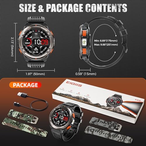EIGIIS KE5 Military Smart Watch for Men with Flashlight SOS 3ATM Waterproof Watch 530mAh Big Battery 1.45" Rugged Tactical Smartwatch with Compass Elevation Barometer Fitness Watch for iPhone Android - Image 8