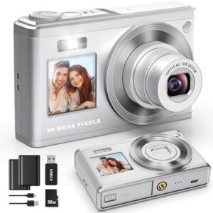 60MP Digital Camera for Photography,4K Digital vlogging Camera for YouTube,16x Combines Professional Optical Zoom,Beginners Cameras with self-Timer Assist Screen,32GB SD Card（Silver）