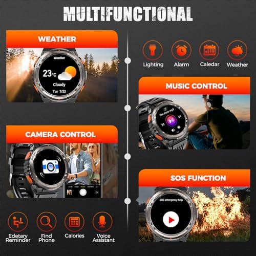 EIGIIS KE5 Military Smart Watch for Men with Flashlight SOS 3ATM Waterproof Watch 530mAh Big Battery 1.45" Rugged Tactical Smartwatch with Compass Elevation Barometer Fitness Watch for iPhone Android - Image 9