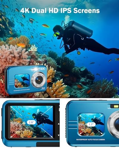 Underwater Camera, 4K Waterproof Camera with 64GB Card 48MP Autofocus Selfie Dual Screens 11FT Underwater Camera for Snorkeling Waterproof Compact Portable Digital Camera, 2 Batteries - Image 2
