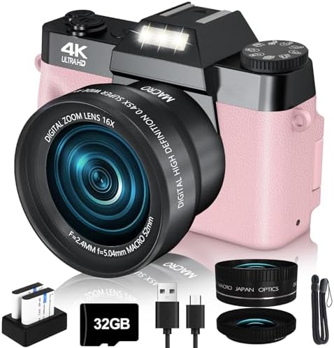 VJIANGER 4K Vlogging Camera for YouTube 48MP Digital Camera for Photography and Video with Flip Screen, Manualfocus, 16X Digital Zoom, 52mm Wide Angle & MacroLens, 32GB TF Card, 2 Batteries(Pink)
