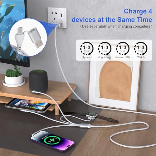 100W Multi Charging Cable for Apple Watch and iPhone 15,4 in 2 10FT USB C/A Fast Charging Cable 90 Degree Travel Charger Cord Nylon Braided Compatible with All iWatch iPhone MacBook iPad Galaxy S23 - Image 5