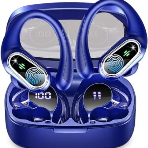 Wireless Earbud, Sport Bluetooth 5.3 Headphones with Earhooks Wireless Earphones in-Ear with Deep Bass Stereo Bluetooth Earbud 50H Playtime, Dual LED Display, IP7 Waterproof, Running,Blue