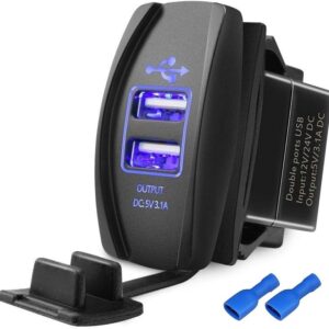 Xislet UTV ATV Dual USB Charger Universal Rocker Style Fast Charger Port Compatible with Side by Side, Boats with Blue LED Light for Rocker Switch Panel