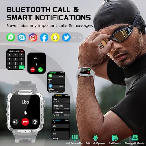 Military Smart Watch Answer/Make Calls 1.96" Fitness Tracker IP68 Waterproof Outdoor Sports Smartwatches Heart Rate/Sleep/SpO2/Stress Monitor 100+ Sports Modes Compatible with iPhone & Android Phones - Image 2